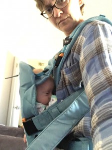 Trying out the Baby Bjorn. She's kinda lost in there!